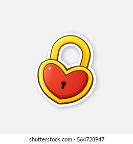 Vector illustration. Gold padlock in heart shape. Valentine's Day symbol. Cartoon sticker with contour. Decoration for greeting cards, posters, patches, prints for clothes, emblems
