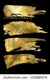 Vector illustration of gold paint smear stroke stain set. Abstract gold glittering textured art illustration. Abstract golden glittering textured art.
