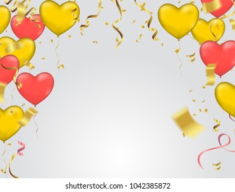 Vector illustration with gold and red balloons in the shape of heart. or Wedding invitation festive decoration. Vector EPS10
