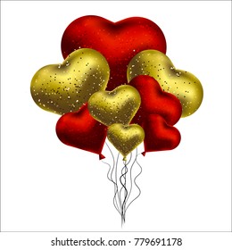Vector illustration with gold and red balloons in the shape of heart. Background for postcards, posters.