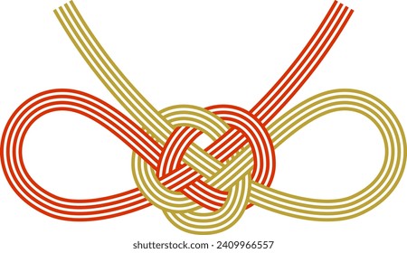 Ilustración vectorial de la cinta de opciones de oro y Mizuhiki roja con nudo de mariposa (cuerdas de papel atadas alrededor de un regalo envuelto)
