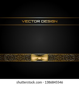 Vector illustration of Gold ribbon with a bow and glitter on a black background. The bow tie. Vector design