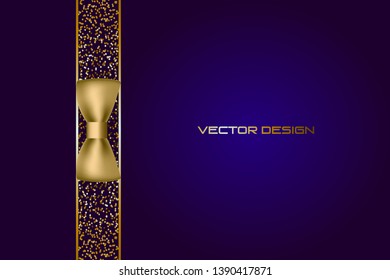 Vector illustration of Gold ribbon with a bow and glitter on a blue background. The bow tie. Vector design.