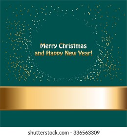 Vector illustration of Gold ribbon and glitter on a turquoise background.