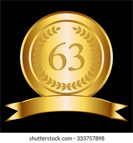 Vector illustration of Gold ribbon and laurel wreath on a black background. 63 anniversary