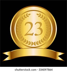 Vector illustration of Gold ribbon and laurel wreath on a black background. 23 anniversary