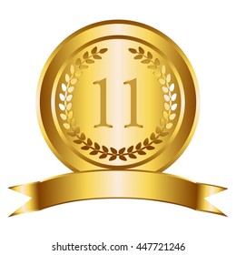 Vector illustration of Gold ribbon, laurel wreath. Birthday - 11 years.