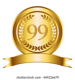 Vector illustration of Gold ribbon, laurel wreath. Birthday - 99 years.
