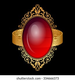 Vector illustration of gold ring with big red stone