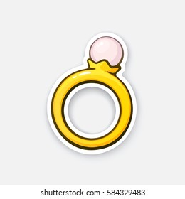 Vector illustration. Gold ring with pearl. Sticker in cartoon style with contour. 