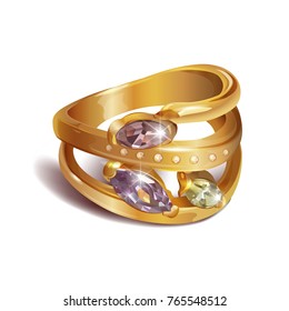 Vector illustration. Gold ring with precious stones Topaz, chrysolite, amethyst, beryl, morganite and diamonds.