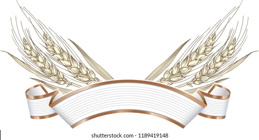 Vector illustration of gold ripe wheat ears on elegant banner. Can be used as frame, corner or border design element. 
