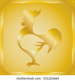 Vector illustration of gold rooster (animal symbol of chinese new year 2017) silhouette with oriental vintage gold frame on pattern gold background for greeting card