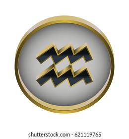 Vector illustration of gold round aquarius zodiac icon on white background