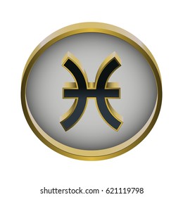 Vector illustration of gold round pisces zodiac icon on white background