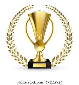 Dibujo vectorial de trofeo y laureles brillantes de oro. Hermosa copa trofeo dorado de diferentes formas realistas aislado en ilustración vectorial de fondo blanco. Copa trofeo dorado sobre fondo blanco
