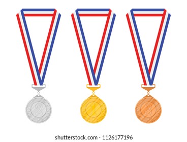 Vector illustration. Gold silver and bronze medals on ribbons.