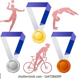 Vector illustration of gold, silver, bronze medals with silhouettes of athletes. Welcome to Japan. XXXII Summer Olympics games. Tokyo 2020. Advertisements, signs, stickers, web banners, signage