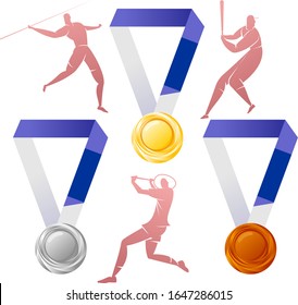 Vector illustration of gold, silver, bronze medals with silhouettes of athletes. Welcome to Japan. XXXII Summer Olympics games. Tokyo 2020. Advertisements, signs, stickers, web banners, signage