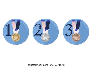 Ilustración vectorial, clasificaciones oro, plata, medallas de bronce. color azul circular aislado. medalla deportiva