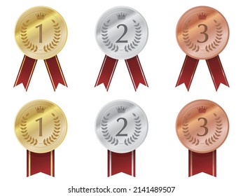 Vector illustration of gold, silver and bronze medals with different ribbon decorations.