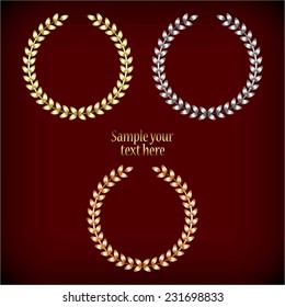 Vector illustration of Gold, silver and bronze laurel wreaths. Red background.