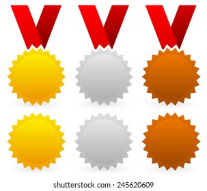 Vector illustration of gold, silver and bronze badges with red ribbons 