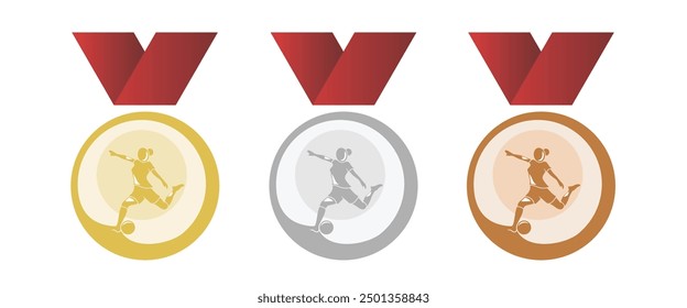 Vector illustration of gold, silver and bronze medal for soccer. Flat design. Red ribbon