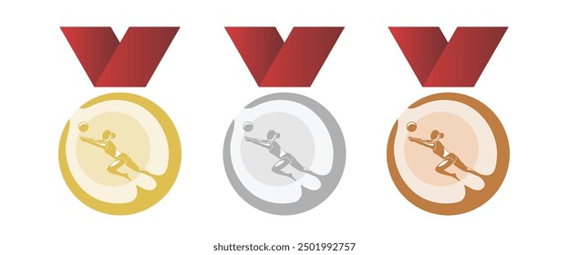 Vektorgrafik der Gold-, Silber- und Bronzemedaille für Volleyball. Flaches Design. Rotes Band