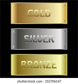 Vector illustration of Gold, silver, bronze on black.