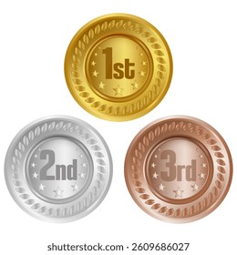 Vector illustration of gold, silver, and bronze medals with numbers 1, 2, and 3. Ideal for competition, achievement, ranking, and sports award concepts.