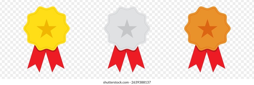 Vector illustration of Gold, Silver and Bronze Medal icon set isolated on transparent background