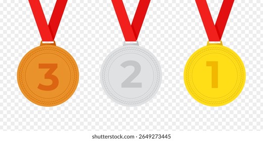 Vector illustration of Gold, silver, and bronze medal set isolated on transparent background