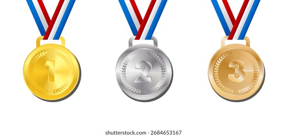 Vector illustration of gold, silver, and bronze medals with red, blue, and white ribbons. Perfect for sports competitions, tournaments, achievements, awards, and certificates