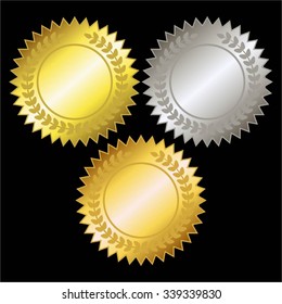 Vector illustration of Gold, silver, bronze seals on a black background.