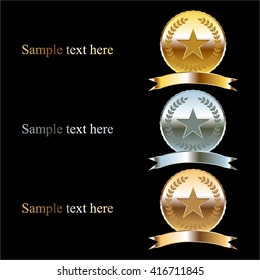 Vector illustration of Gold, silver, bronze awards - star, laurel wreath and ribbon on a black background. Text.