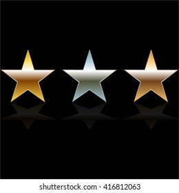Vector illustration of Gold, silver and bronze stars with reflection on a black background.