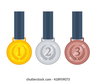 Vector illustration of gold, silver and bronze medals on ribbons. 