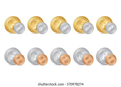 vector illustration of gold, silver and bronze coins. EPS