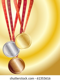 vector illustration of gold silver and bronze medals with red ribbons on a golden background in eps10 format