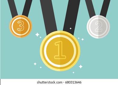 vector illustration of gold, silver, bronze medals with number one,two, three on flat background