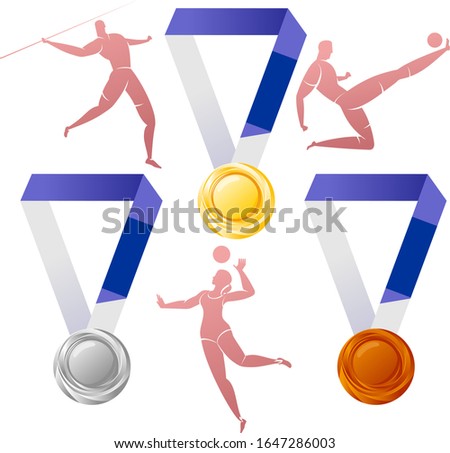 Vector illustration of gold, silver, bronze medals with silhouettes of athletes. Welcome to Japan. XXXII Summer Olympics games. Tokyo 2020. Advertisements, signs, stickers, web banners, signage