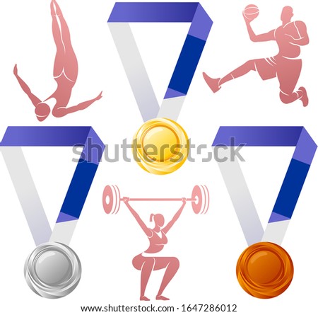 Vector illustration of gold, silver, bronze medals with silhouettes of athletes. Welcome to Japan. XXXII Summer Olympics games. Tokyo 2020. Advertisements, signs, stickers, web banners, signage