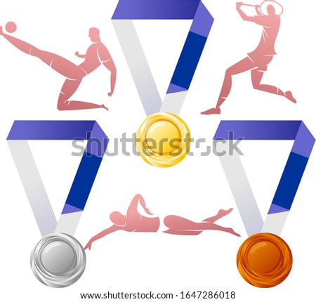 Vector illustration of gold, silver, bronze medals with silhouettes of athletes. Welcome to Japan. XXXII Summer Olympics games. Tokyo 2020. Advertisements, signs, stickers, web banners, signage