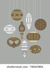 Vector illustration of gold and silver Christmas ornaments and baubles
