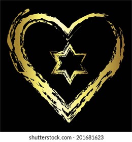 Vector illustration of Gold six - pointed star and heart on a black background