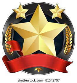 Vector illustration of a gold star award or sports plaque medal with red ribbon. Stars and wreaths surround the reward. Representations include: Achievement, Winning, 1st Place, MVP, Quality Product.