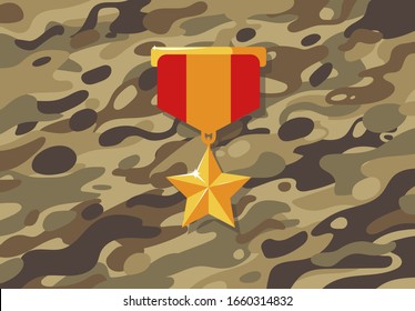 Vector illustration of a gold star breastplate, a medal on a background of military brown camouflage