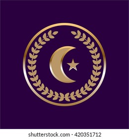 Vector illustration of Gold star, crescent and a laurel wreath on a purple background.