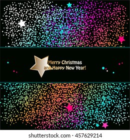Vector illustration of Gold star and the inscription on the black. Multicolor, rainbow, bright and shining background. Merry Christmas and a Happy New Year!